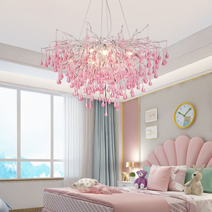 Lampadario <span class=keywords><strong>a</strong></span> Gocce di Cristallo Rosa in Alluminio, Decorazione per Camera dei Bambini, Soggiorno e Sala da Pranzo, Lampada <span class=keywords><strong>a</strong></span> Sospensione Romantica e Lussuosa - Product Image 4