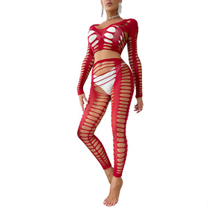 Lencería sexy estilo europeo americano con diseño hueco, conjunto de dos piezas de nailon con pantimedias de red y detalles de encaje. - Product Image 5