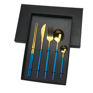 Portuguese Style Stainless Steel <b>Cutlery</b> <b>Set</b> 5 Piece Flat Handle Polished Knife Fork Spoon Chopsticks <b>Black</b> Gift Box Durable - Product Image 5