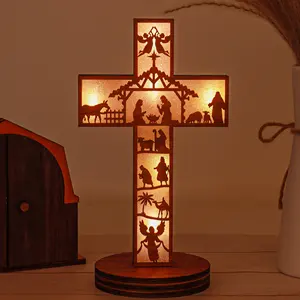 Custom Order Wooden Pieces Christmas Tree Led Lights Christian Bible Cross Christmas Tree Shaped Wooden Home Decoration