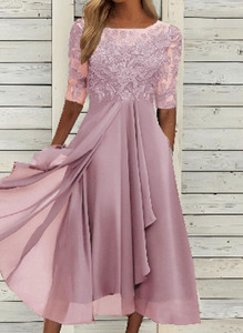 Joydressing Elegante Abito Grigio per la Madre della Sposa, in Pizzo con Mezza Manica, in Chiffon, Lunghezza Midi, per Ospiti di Matrimonio e Feste, Vendita all'Ingrosso e Personalizzazione - Product Image 2