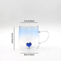 Mug à café en verre borosilicate transparent de 400 ml avec poignée en forme de cœur 3D, couleur dégradée, réutilisable et portable