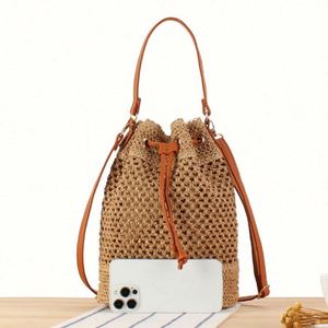 Sac seau bandoulière portable en papier tressé fait main pour femme, style bohème, idéal pour la plage, avec port USB - Product Image 6