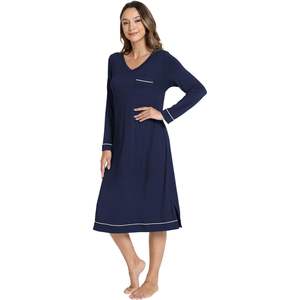 Chemise de nuit pour femme en viscose de bambou personnalisée, manches longues, col en V, robe de nuit confortable et douce - Product Image 3