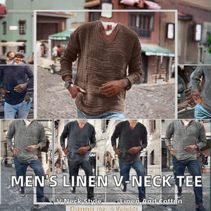 Camiseta de Lino para Hombre, Moderna, Nueva, de Primavera y Otoño, Juvenil, Informal, de Corte Regular, Cuello en V, Lisa, Ecológica, Antiarrugas, Lavada - Product Image 2