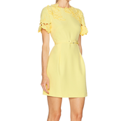 Vestido Midi Amarillo de Verano para Mujer, Elegante, Bordado, Hueco, Manga Corta, Cintura Ajustada, Línea A, Formal, Casual, para Fiesta, con Bolsillos, para Todo el Cuerpo
