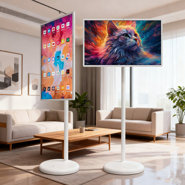 Rotatable 32-Inch Battery-Power Wireless Floor Stand Tv on Wheels Digital Signage Touch Screen Monitor with Battery