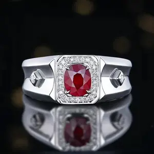 SGARIT batu permata 18K emas putih potongan Oval 0,7 ct alami merpati darah merah Rubi dengan cincin pria berlian