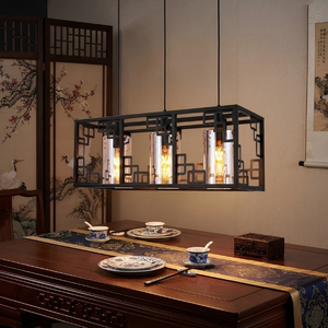 Lámpara Colgante Lineal de 3 Luces con Jaula Metálica de Estilo Chino Dynasty en Negro Mate para Isla de Cocina - Product Image 1