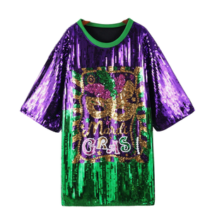 Robe Tunique Décontractée Ample et Respirante pour le Mardi Gras, Motif Floral Pailleté Violet, Vert et Or, Écologique - Product Image 1