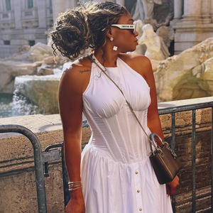 Robe midi blanche élégante pour <span class=keywords><strong>femme</strong></span>, cintrée à la taille, style africain, nouvelle collection, grande jupe évasée - Product Image 3