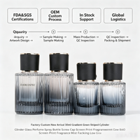 Envase de Perfume Personalizado de Fábrica, Botella de Vidrio Cilíndrica de 30 ml con Degradado Verde y Rayas, Tapa de Rosca, Impresión Serigrafiada, para Fragancias y Brumas