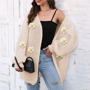 Cárdigan Floral de Punto al por Mayor, Novedad Otoño-Invierno, Estilo Europeo-Americano, Suéter Cárdigan Holgado con Flores Tejidas a Mano - Product Image 2