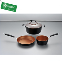 Ensemble de poêles à frire en aluminium forgé antiadhésif couleur cuivre avec couvercles en verre, poignées en silicone et acier inoxydable moderne, compatibles induction pour la cuisine domestique