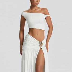 เสื้อยืดเวสต์เซ็กซี่เปิดไหล่โชว์เอวสไตล์ยุโรปอเมริกันสำหรับผู้หญิงประจำฤดูร้อนปี 2025 กระโปรงทรงเข้ารูปผ่าข้างเอวสูง - Product Image 3