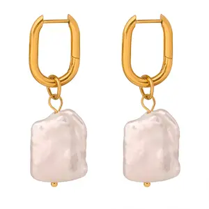 Trendy Manufacturer 18K Gold Plated Stainless Steel Irregular Raw Mother Of Natural Pearl Shells Hoop Earrings Women Wholesale