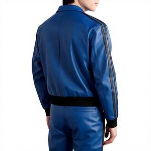 Chándal de Cuero Genuino Azul para Hombre, Estilo Casual de Manga Larga, Rayas en Contraste, Cierre de Cremallera, Corte Holgado, Color Sólido - Product Image 4