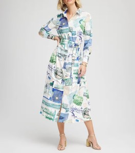 Robe chemise midi décontractée à imprimé pois avec ceinture, taille empire, durable - Product Image 2