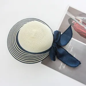 Hot Selling Spring Summer Chic Women Color-Matching Color Striped Paper Straw Woven Knit Crochet With Bow