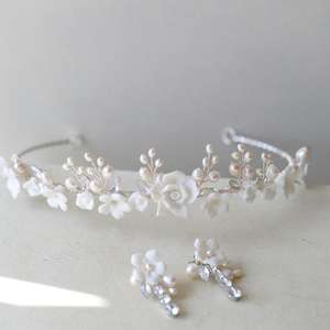 Boutique Premium perle d'eau douce à la main en céramique fleurs blanches mariée <span class=keywords><strong>couronne</strong></span> <span class=keywords><strong>couronne</strong></span> <span class=keywords><strong>cheveux</strong></span> accessoires diadème de mariée - Product Image 6