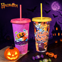 Nueva Llegada, Oferta de Halloween, Regalo para Fiestas, Vasos de Plástico de 24 oz, Vasos Reutilizables que Cambian de Color, con Tapas y Pajitas