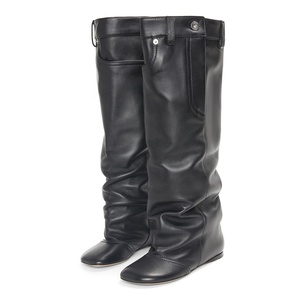 Custom Metal Button Loose Pleated Upper <b>Shoes</b> Flat Heels Square Toe Slouchy Long Boots Women's Wide Fit Knee High Booties - Product Image 4