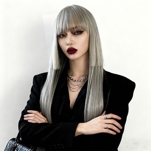 <span class=keywords><strong>Parrucca</strong></span> <span class=keywords><strong>grigia</strong></span> Hime Cut con frangia dritta, <span class=keywords><strong>lunga</strong></span>, in fibra resistente alle alte temperature, per capelli a testa intera - Product Image 3
