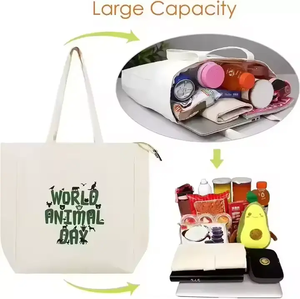 Tote Bag in cotone lavabile con grandi Zip e Logo personalizzato per il mondo dello <span class=keywords><strong>Shopping</strong></span> della scuola di spiaggia con libri di animali - Product Image 4