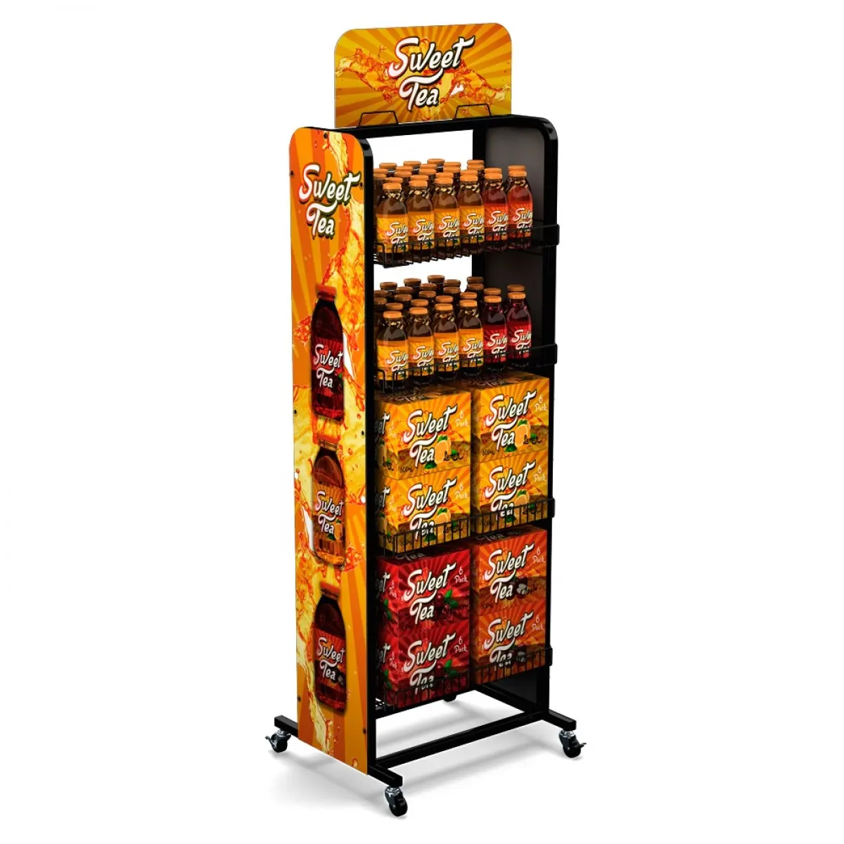 Custom Supermarket 4 Tiers Bread Beer Snack Metal Wire Tray Display Stand Soda Drink Beverage Display Rack
