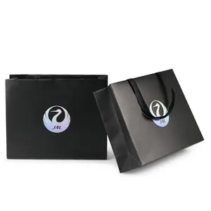 사용자 정의 로고 인쇄 선물 종이 가방 대형 광고 반짝이 홀로그램 실버 호일 로고 럭셔리 블랙 선물 캐리어 종이 가방