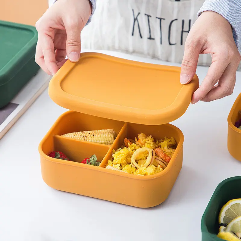 Resistente al calore facile da pulire scatola per il pranzo 3 cavità Bento Lunch Box scatola per alimenti per cucina in Silicone