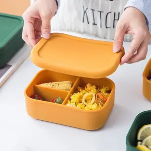 Heat Resistant Easy to Clean Lunch Box 3 Cavities Bento Lunch Box Food Storage Box for Kitchen Food Grade Silicone