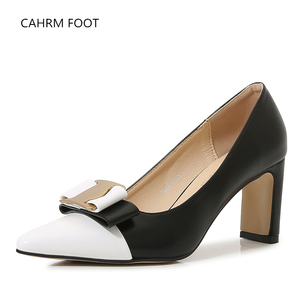 Nuova bocca bassa tacco alto punta a punta francese tacco spesso retrò colore bianco <span class=keywords><strong>e</strong></span> nero abbinato scarpe singole per donna - Product Image 3
