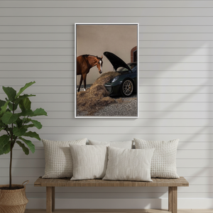 Printed Canvas: Funny Horse and Car Art for Rustic Decor,WHITE <b>FRAMED</b> CANVAS - Product Image 3