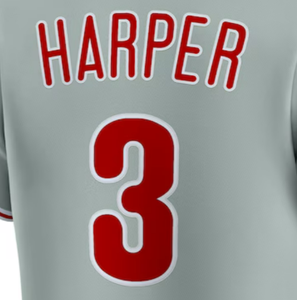 เสื้อเจอร์ซีย์ทีมทีม Philadelphia สีขาว-แดงลายทางมีกระดุมเสื้อเบสบอลเย็บติดแบบสั่งทำ #3ฮาร์เปอร์ - Product Image 2