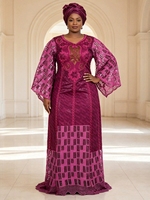 Robes Africaines Tendance FY01-1 pour Femmes, Robe Ample en Jacquard Brodé avec Patchwork en Dentelle, Boubou Femme, Robes Dashiki + Foulard