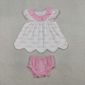Vêtements pour bébés filles, ensembles de vêtements roses avec col à nœuds et tunique à volants - Product Image 1