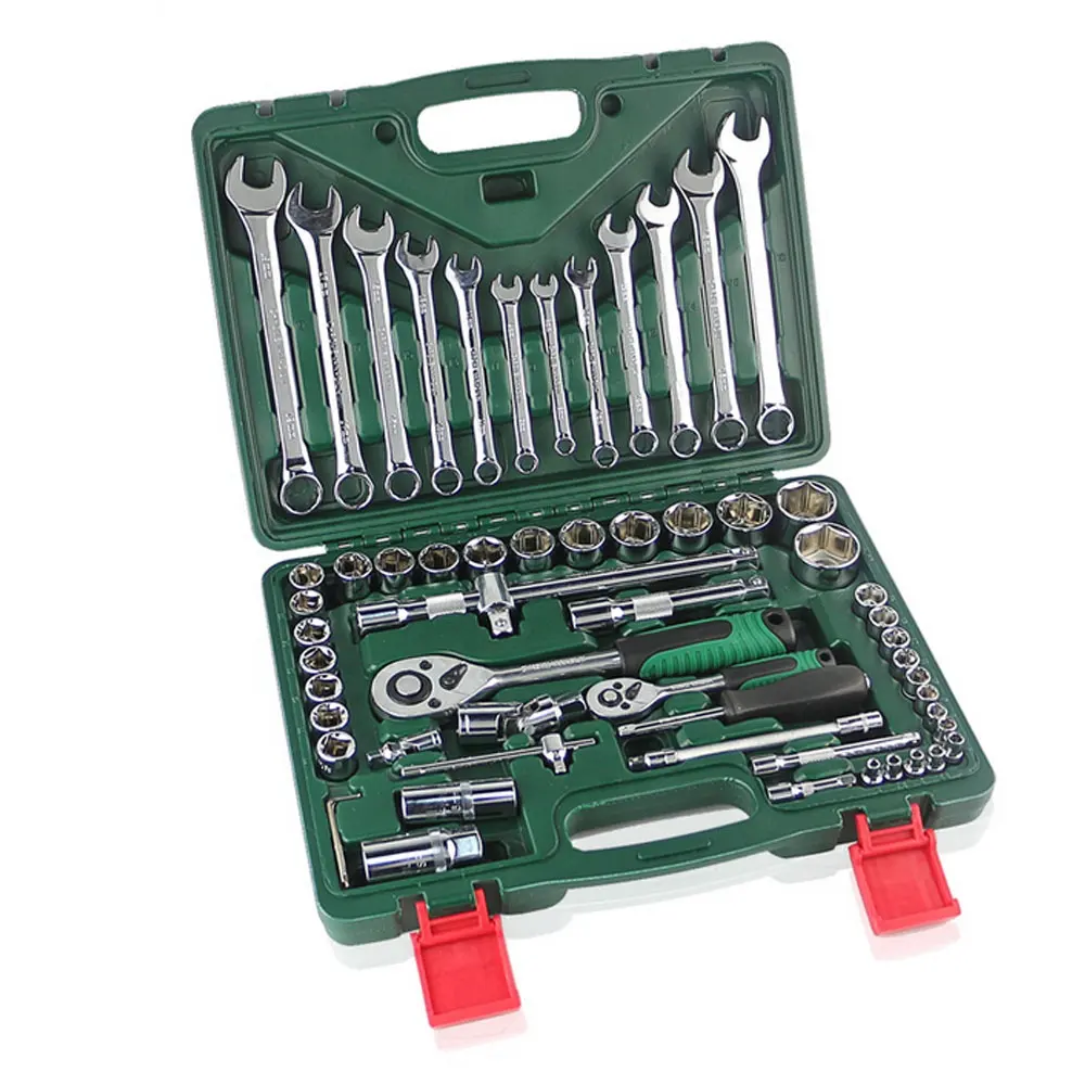 Caja de herramientas con llave de vanadio cromado, 61 piezas, organizador de llave inglesa