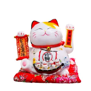 Porcelain Big Chinese Lucky Cat with Waving Arm Home Decor Fortune Cat Figurine Japanese Neko