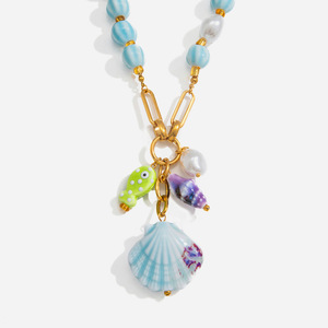 Ceramic Seashell Charm Necklace Stainless Steel Blue Green Purple Animal Shape Party Accessory For Women Summer Beach Jewelry - Product Image 1