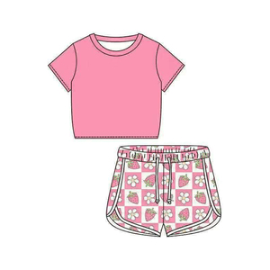 GSSO3401 Tenues d'été personnalisées pour petite fille, imprimé fleurs roses et fraises, vêtements pour enfants en gros, ensemble de vêtements pour fille à manches courtes - Product Image 3