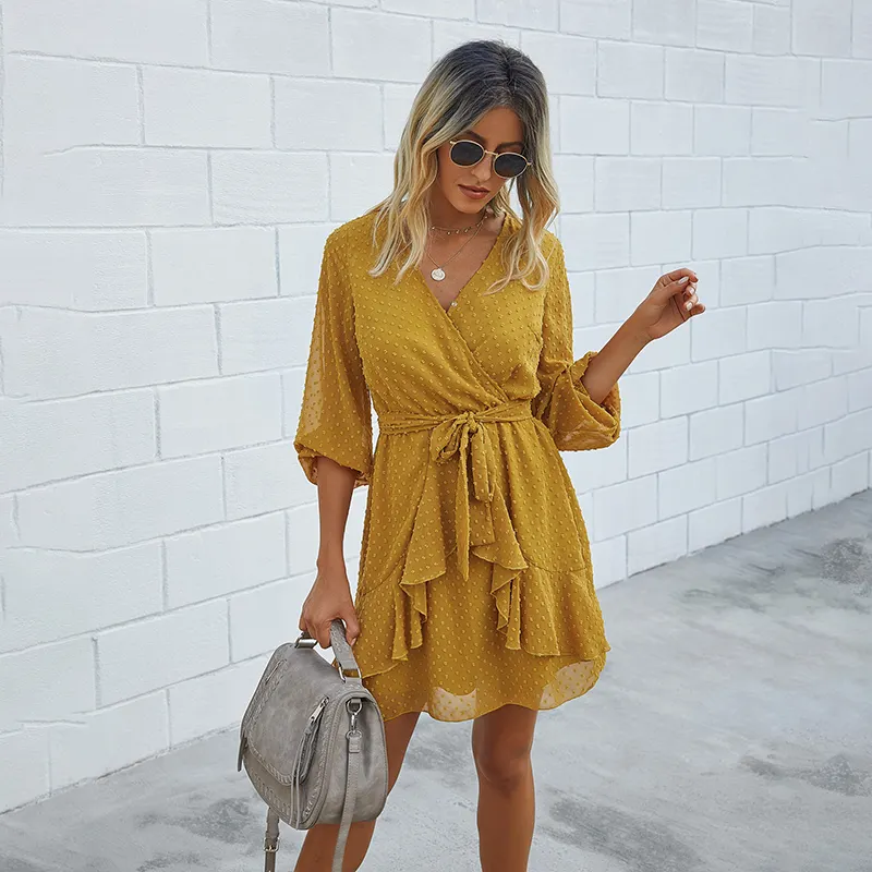 Autumn Europe USA Style Fashion Frilled V Neck Long Sleeve Wrap V Neck Asymmetrical Jacquard Dot Overlay Chiffon Dress