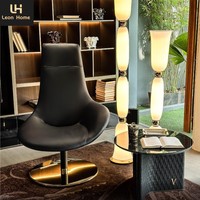 Fauteuil lounge en cuir à dossier haut, fauteuil pivotant de luxe italien, moderne avec base en métal doré, ensemble de meubles de salon