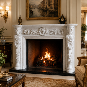 Traditional Marble <b>Fireplace</b> Mantel With Ornate Carving white marble Stone Indoor Wood Burning Hearth For Dining Room - Product Image 1