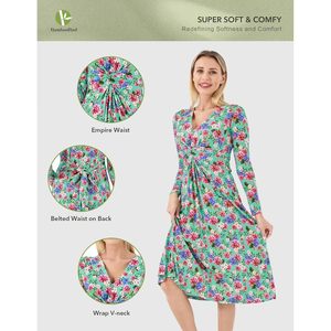 Vestido Midi Casual de Manga Larga con Cuello en V y Estampado Floral para Mujer, Cintura Alta, Corte en A, Viscosa de Bambú, Tallas S a XXL - Product Image 2