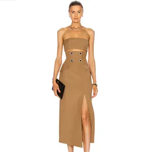 2021 spring backless strapless hem slit bodycon sleeveless dress cut out 2 piece set women dress