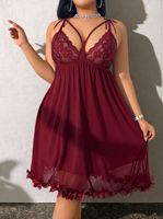 Robe Babydoll B1078 avec Appliques Florales, Dentelle Transparente Bleu Marine, Taille Empire, Décolleté Plongeant en V, Bretelles Croisées, Mini-Nuisette pour Femme