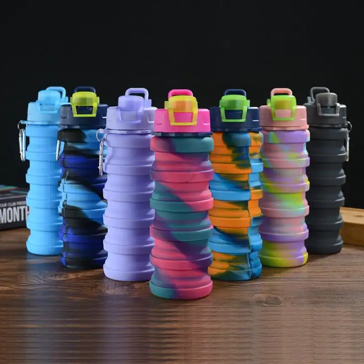 Bottiglia di acqua pieghevole pieghevole in Silicone da viaggio a tenuta stagna in Silicone mimetico unico da 500ml BPA