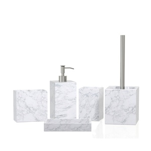 White Hand Painted Marble Effect Bathroom Accessory Resin Stone Solid Surface Materials Counter Top Bath Accessories Set