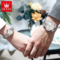 Montre à quartz OLEVS 9970 pour couple, étanche, en acier inoxydable, avec aiguilles lumineuses, montre de luxe pour amoureux, classique, pour homme et femme, avec date et jour